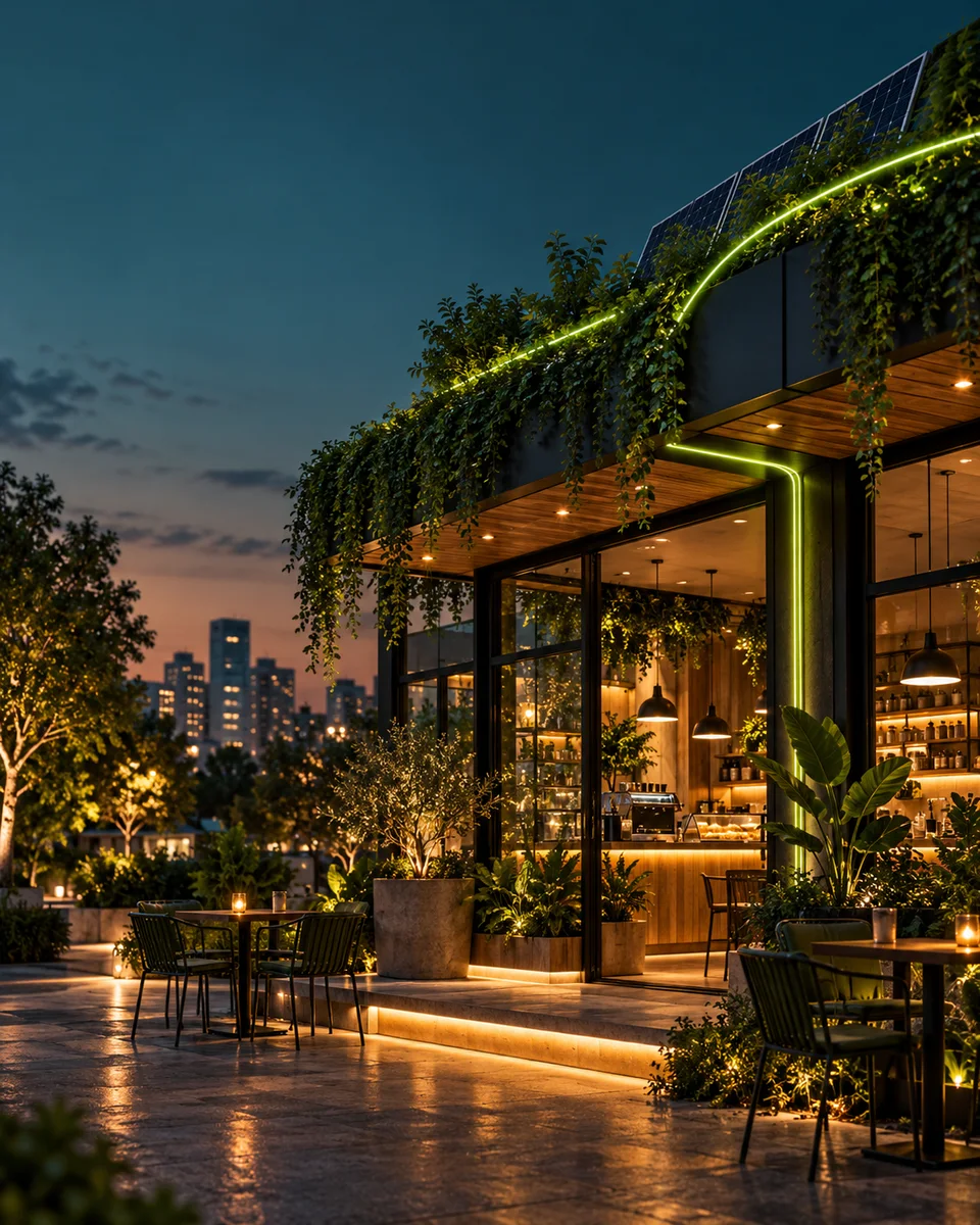 Estabelecimento comercial iluminado com integração visual de energia verde