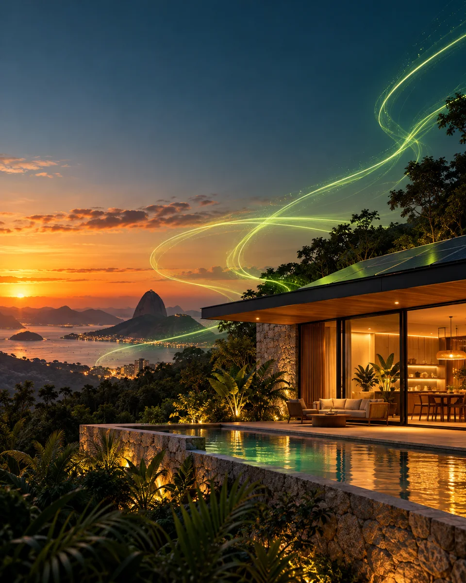 Casa contemporânea ao entardecer com rastros luminosos de energia